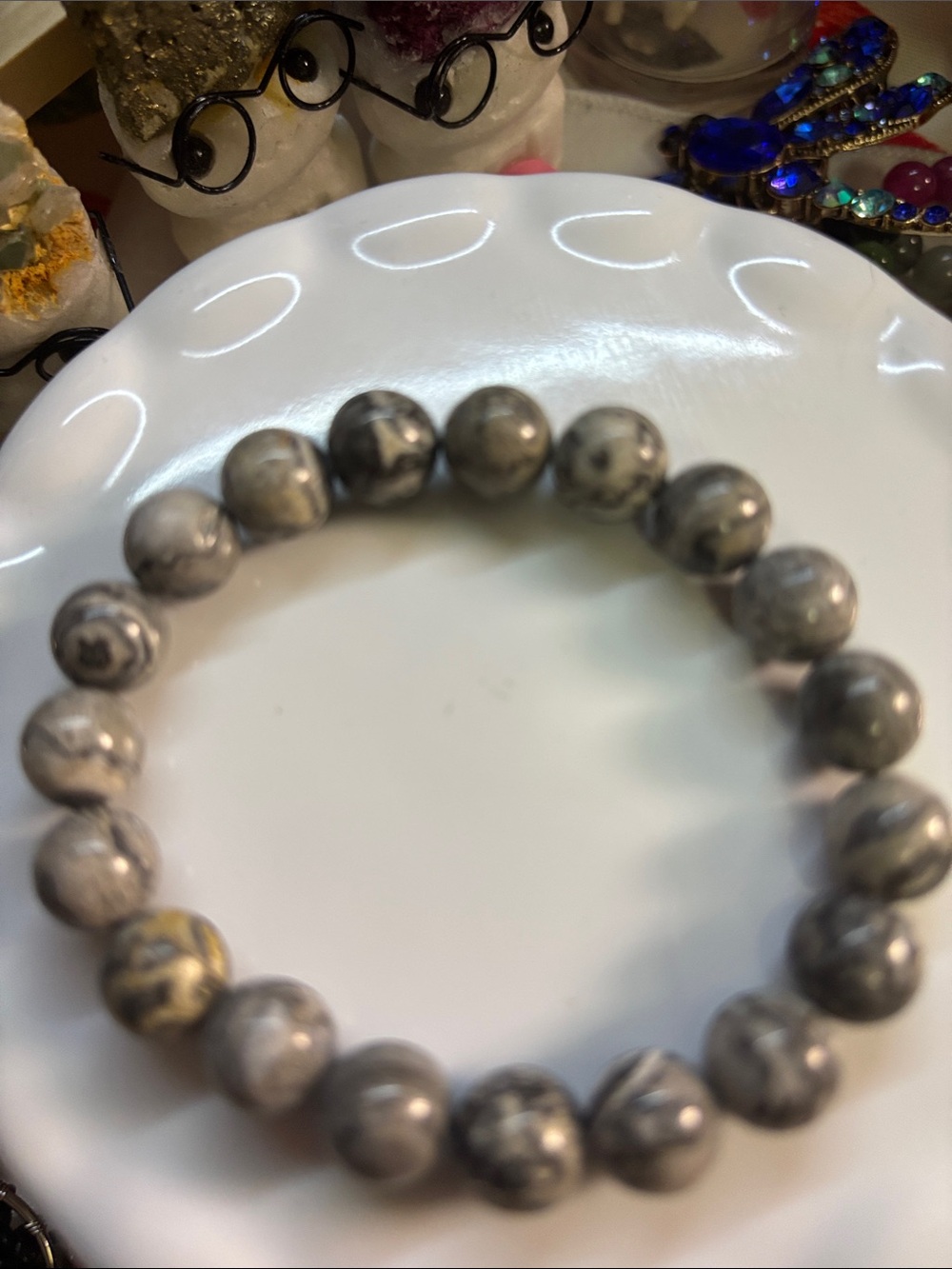 Gray Picture Jasper 10mm Bead Stretch Bracelet - Women Jewelry